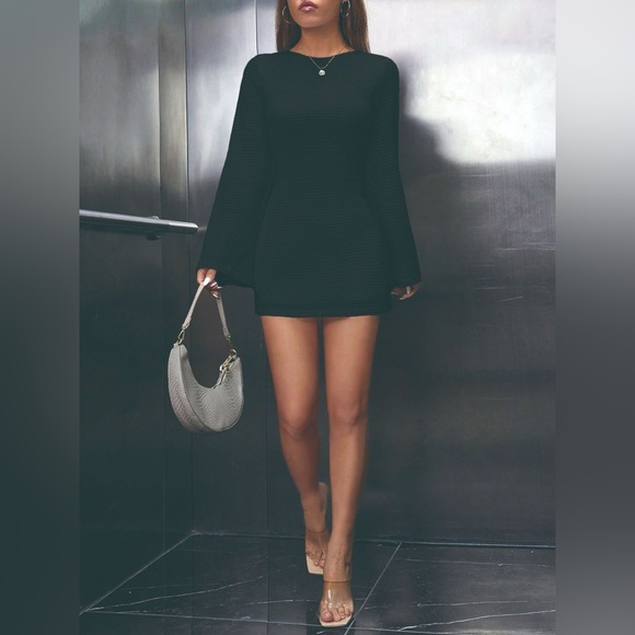 Backless Waffle Knit Flare Sleeve Mini Dress - Picture 11 of 11